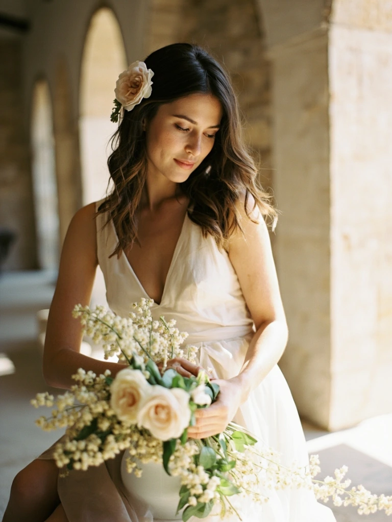 A florist arranging wisteria in a sunlit atelier