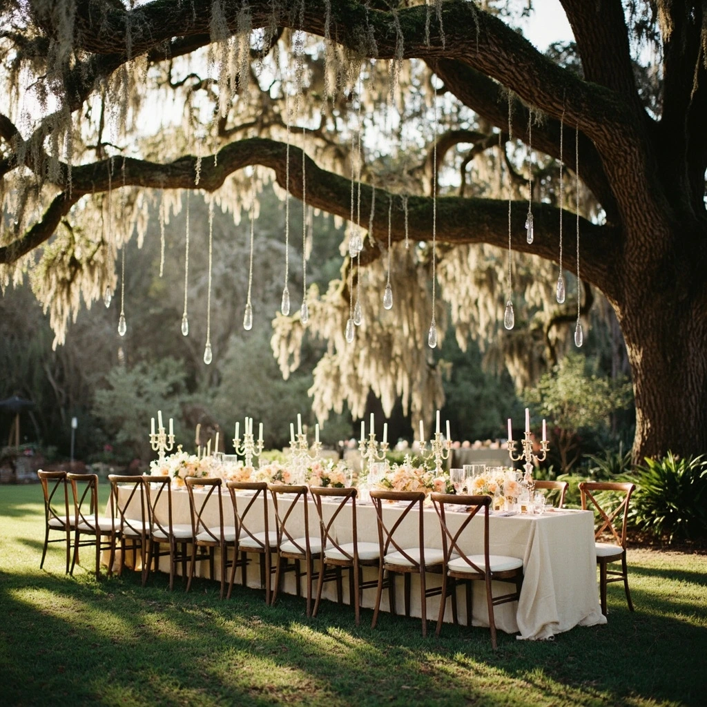 Garden reception beneath moss-draped oaks in Charleston